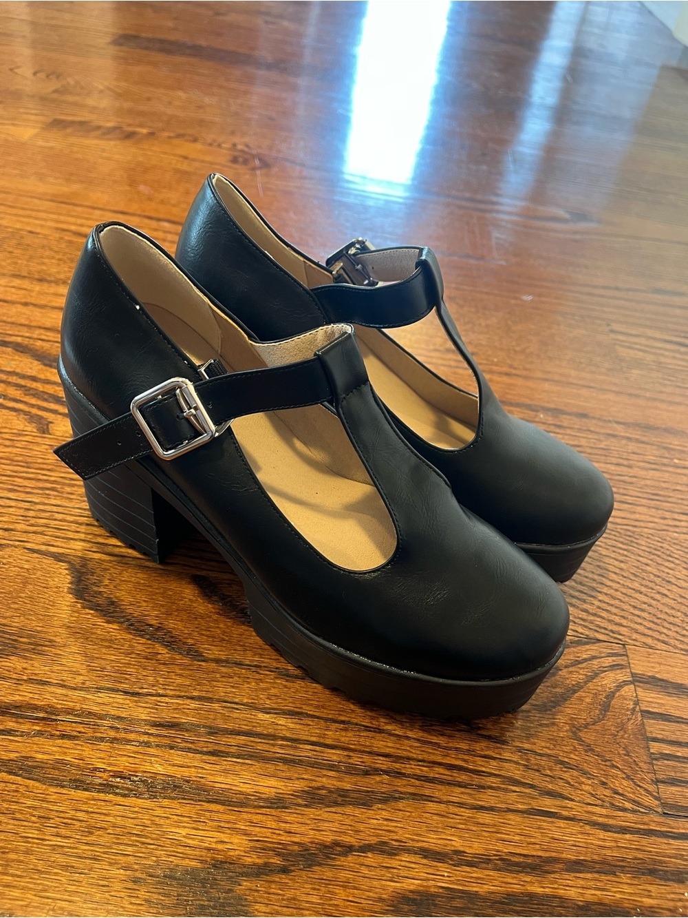 Black T-Strap Platform Block Heel Pumps
